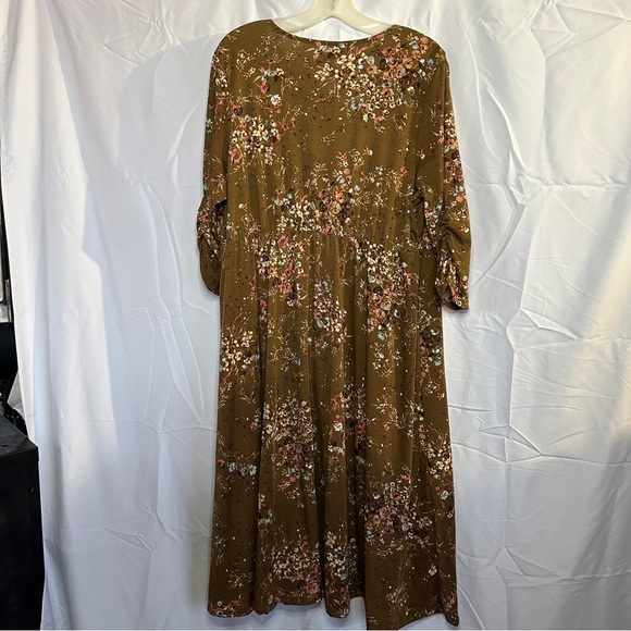 Brown dress flowers 1X 16-18W fall winter ruched sleeves faux wrap v neck floral - Picture 8 of 14
